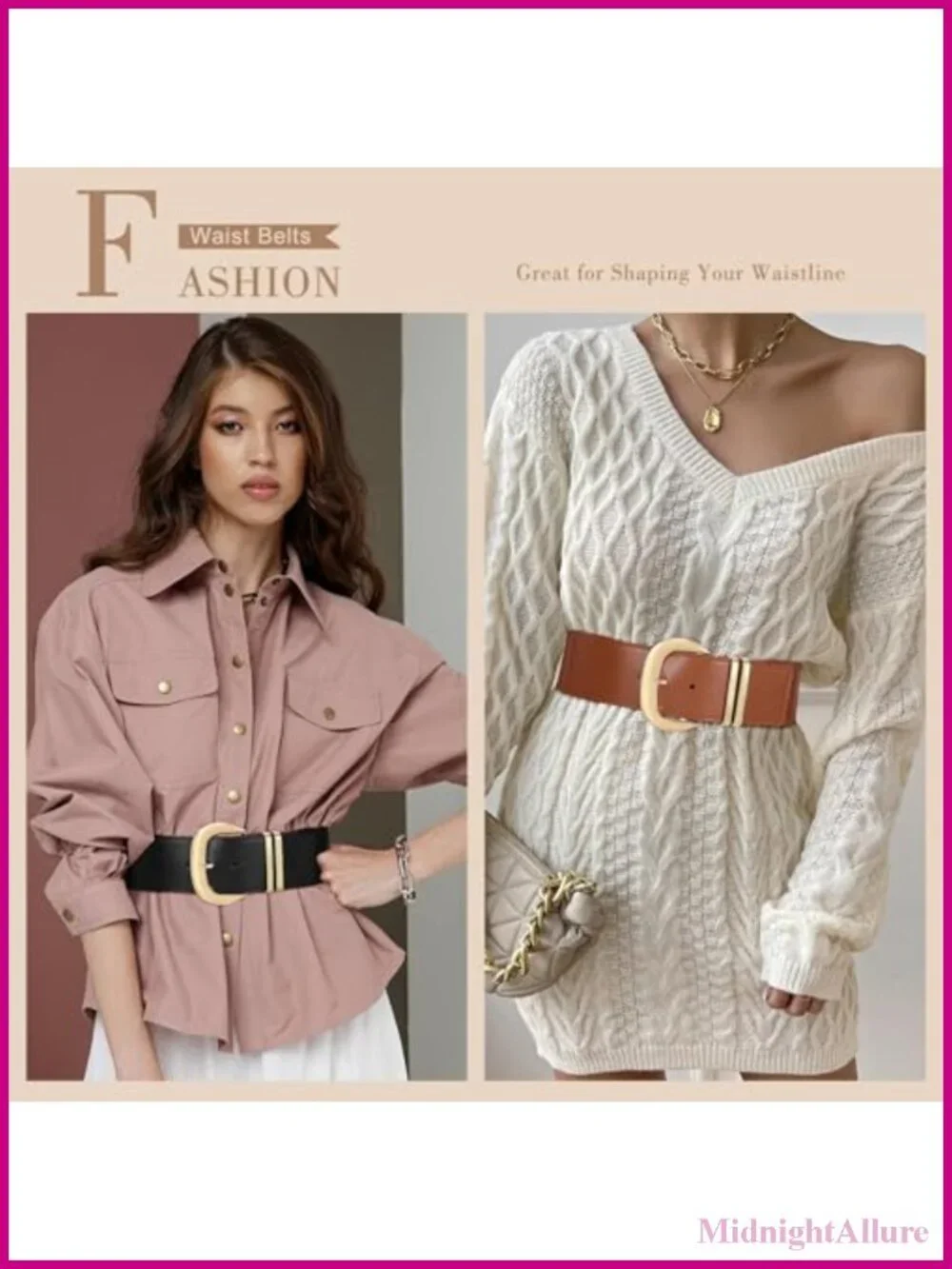 Wide Elastic Waist Belt for Dresses with Gold Buckle Stretchy PU Leather